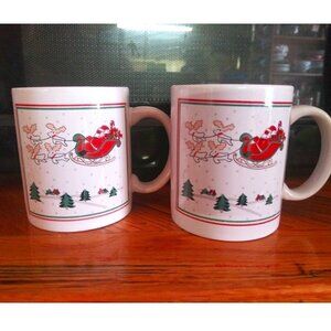 Set of 2 Christmas Mugs Santa Sleigh Reindeer Ceramic excellent condition